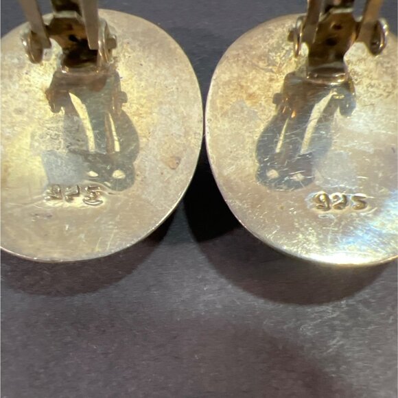 Vtg Natural Leopard Skin Jasper Cabochon Sterling Silver Clip Earrings Artisan - Picture 4 of 10